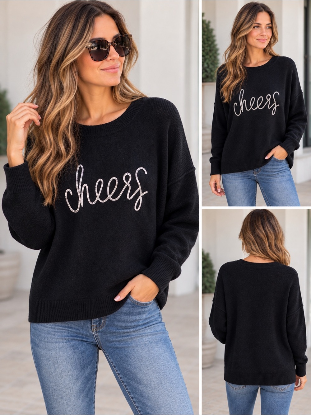 CeCe “Cheers” Black Embellished Relaxed Fit Sweater Women’s M